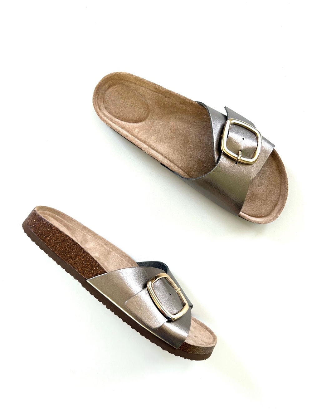 Madden Girl Pewter Metallic Faux Leather Buckle Banner Slide Footbed Sandal